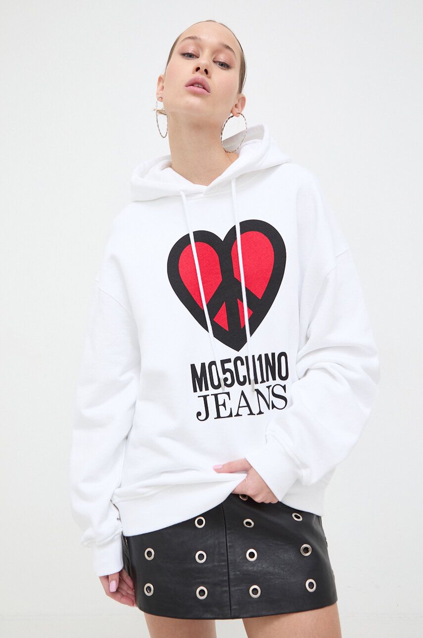 Levně Bavlněná mikina Moschino Jeans dámská, bílá barva, s kapucí, s potiskem