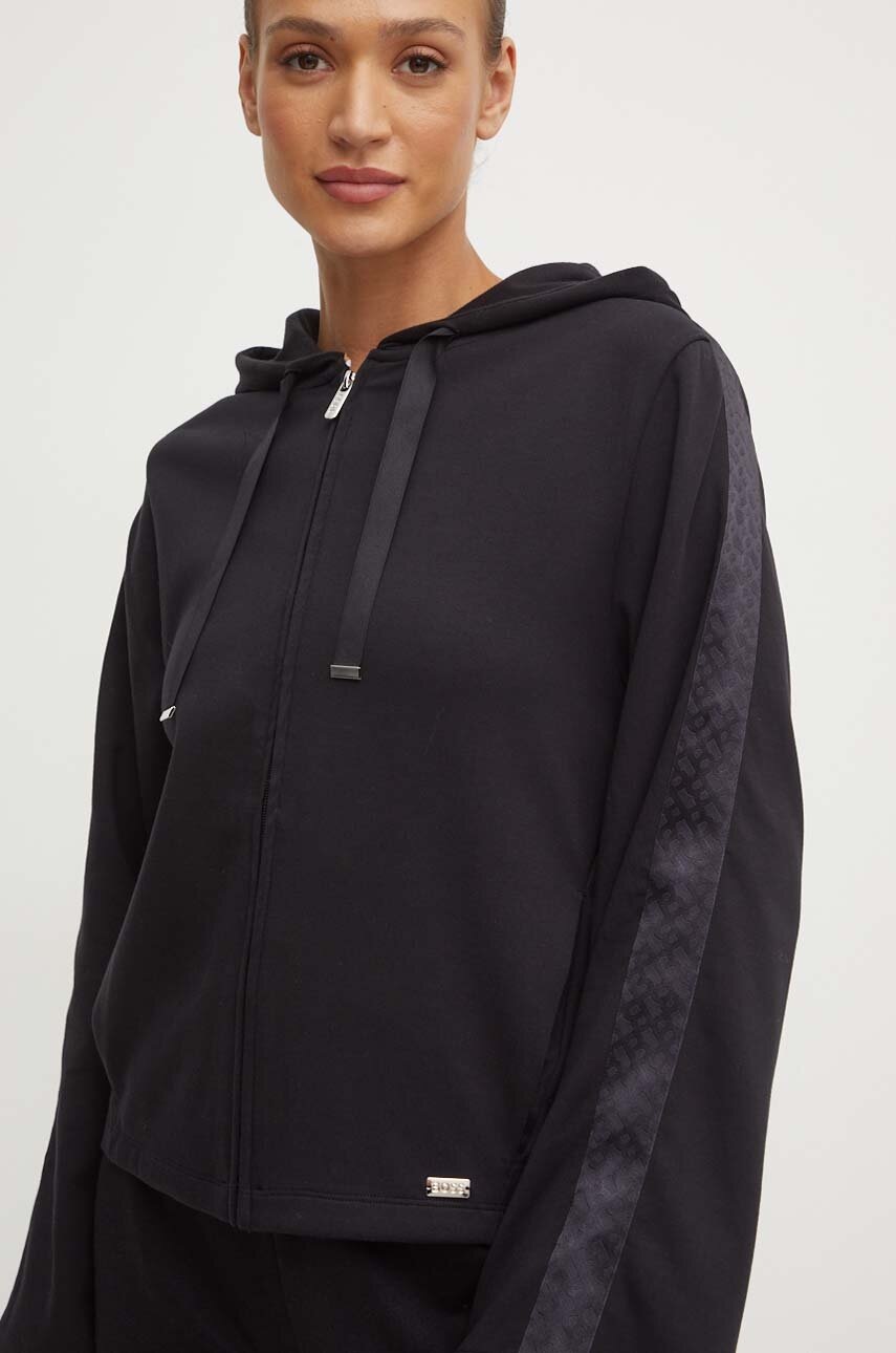 BOSS bluza femei, culoarea negru, cu glugă, cu imprimeu