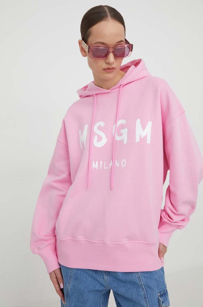 E-shop Bavlněná mikina MSGM dámská, růžová barva, s kapucí, s potiskem