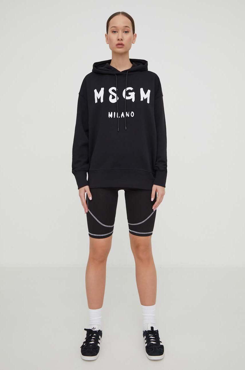 MSGM hanorac de bumbac femei, culoarea negru, cu glugă, cu imprimeu