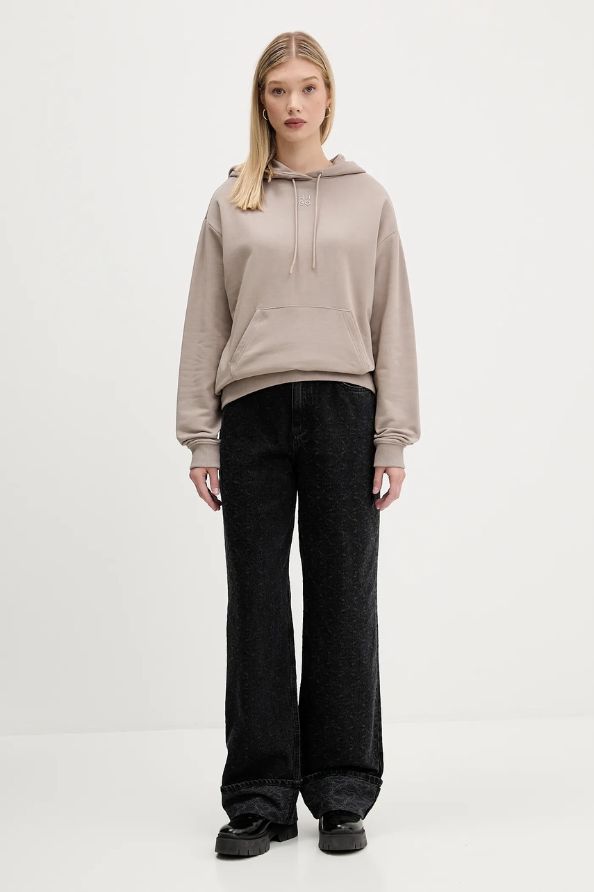 Хлопковая кофта HUGO цвет белый с капюшоном с аппликацией 50522423