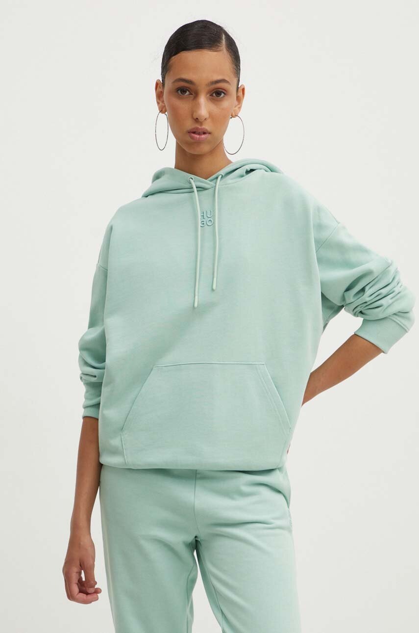 HUGO hanorac de bumbac femei, culoarea verde, cu glugă, cu imprimeu