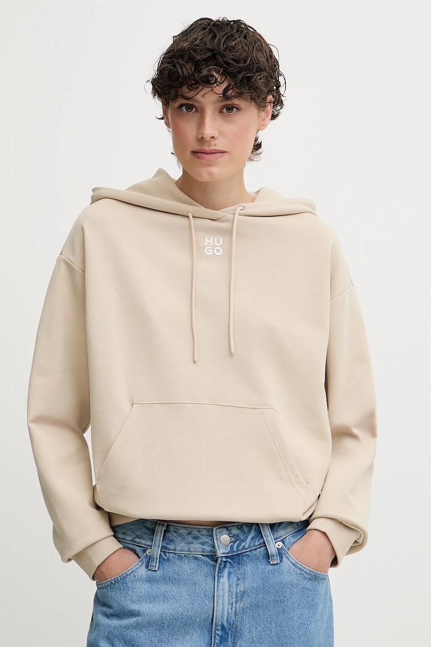 HUGO hanorac de bumbac culoarea alb, cu glugă, cu imprimeu, 50522423