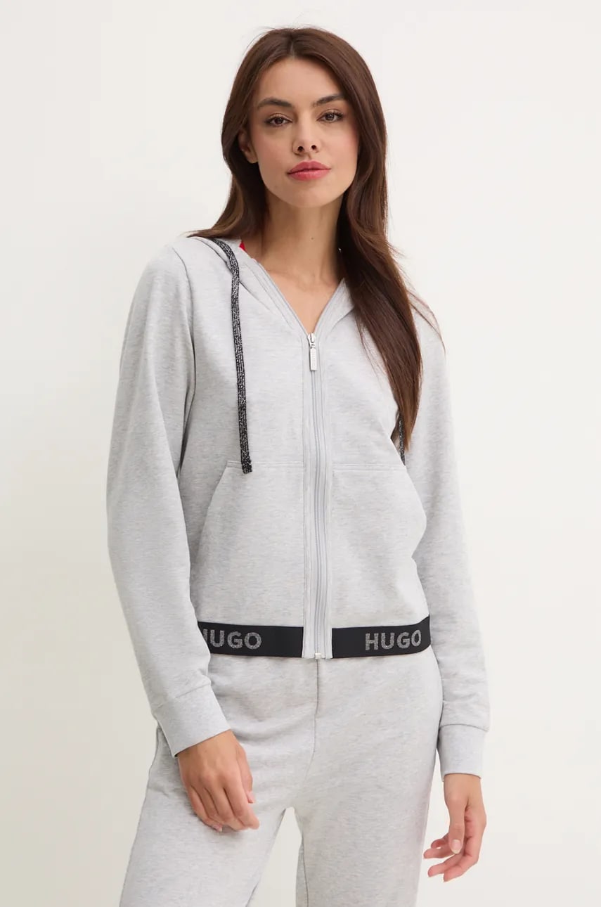 HUGO bluza femei, culoarea gri, cu glugă, neted