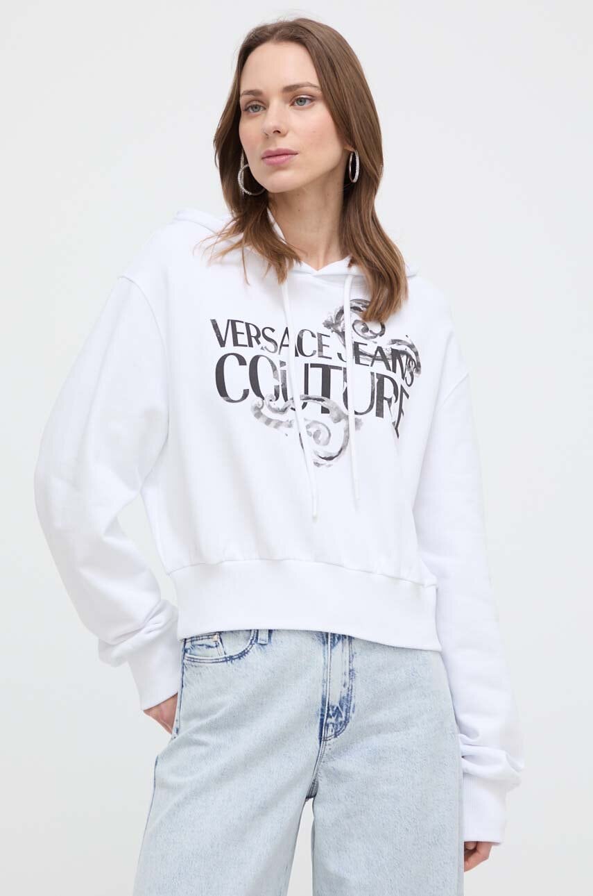 Versace Jeans Couture hanorac de bumbac femei, culoarea alb, cu glugă, cu imprimeu Versace Jeans Couture hanorac de bumbac femei, culoarea alb, cu glugă, cu imprimeu