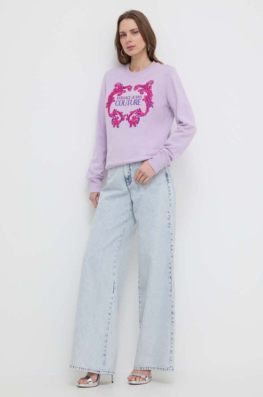 Versace Jeans Couture hanorac de bumbac femei, culoarea violet, cu imprimeu Versace Jeans Couture hanorac de bumbac femei, culoarea violet, cu imprimeu