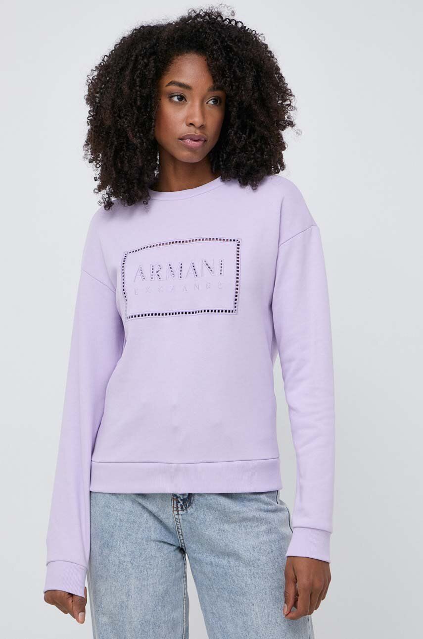 Armani Exchange hanorac de bumbac femei, culoarea violet, cu imprimeu, 3DYM71 YJFDZ