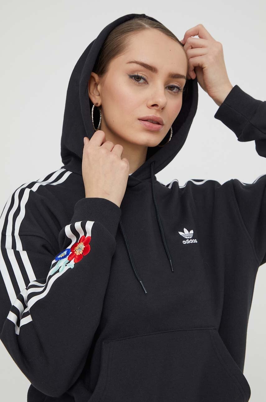 adidas Originals hanorac de bumbac femei, culoarea negru, cu glugă, cu imprimeu IU2515