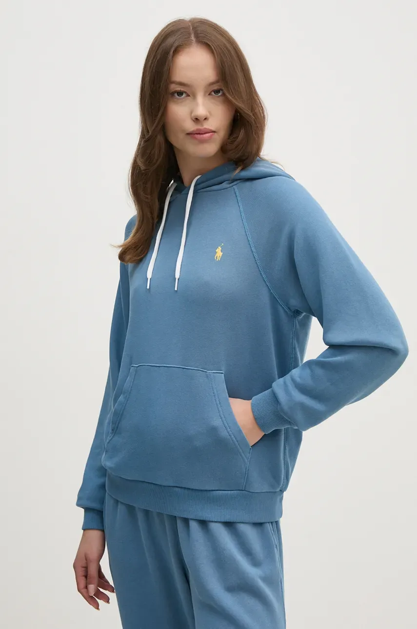 Bavlněná mikina Polo Ralph Lauren dámská, modrá barva, s kapucí, vzorovaná, 211935583