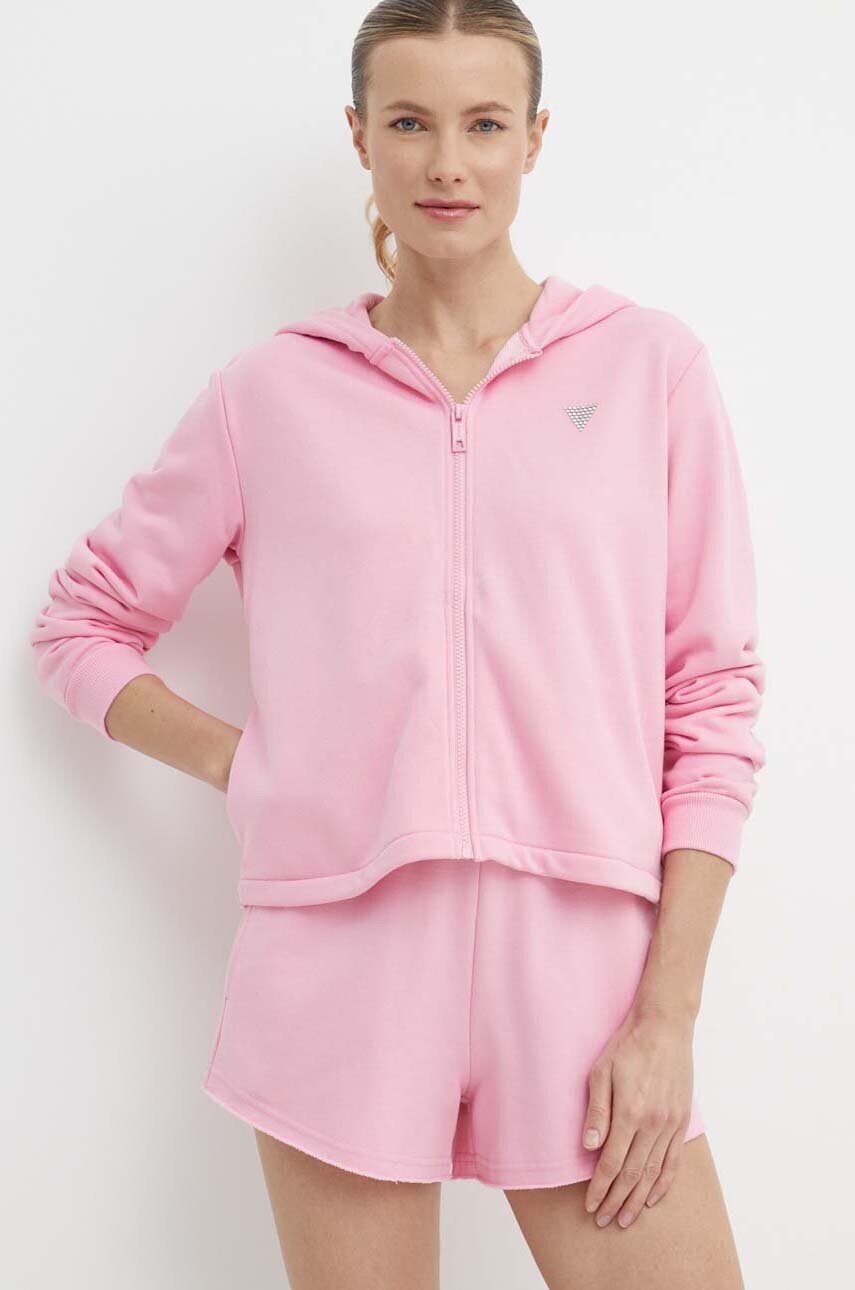 Levně Mikina Guess SKYLAR dámská, růžová barva, s kapucí, hladká, V4GQ09 K8802