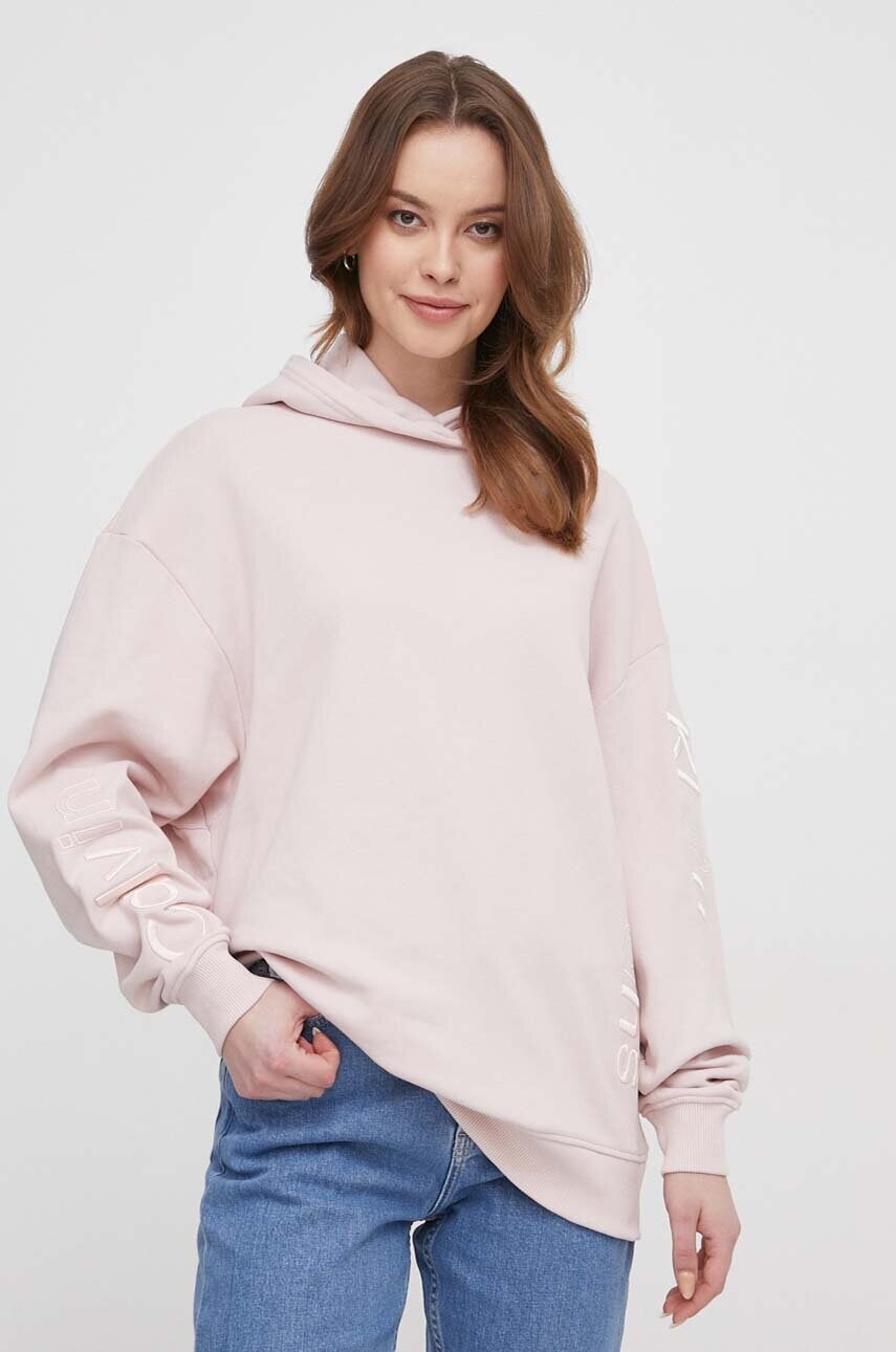 Levně Bavlněná mikina Calvin Klein Jeans dámská, růžová barva, s kapucí, s aplikací, J20J223083