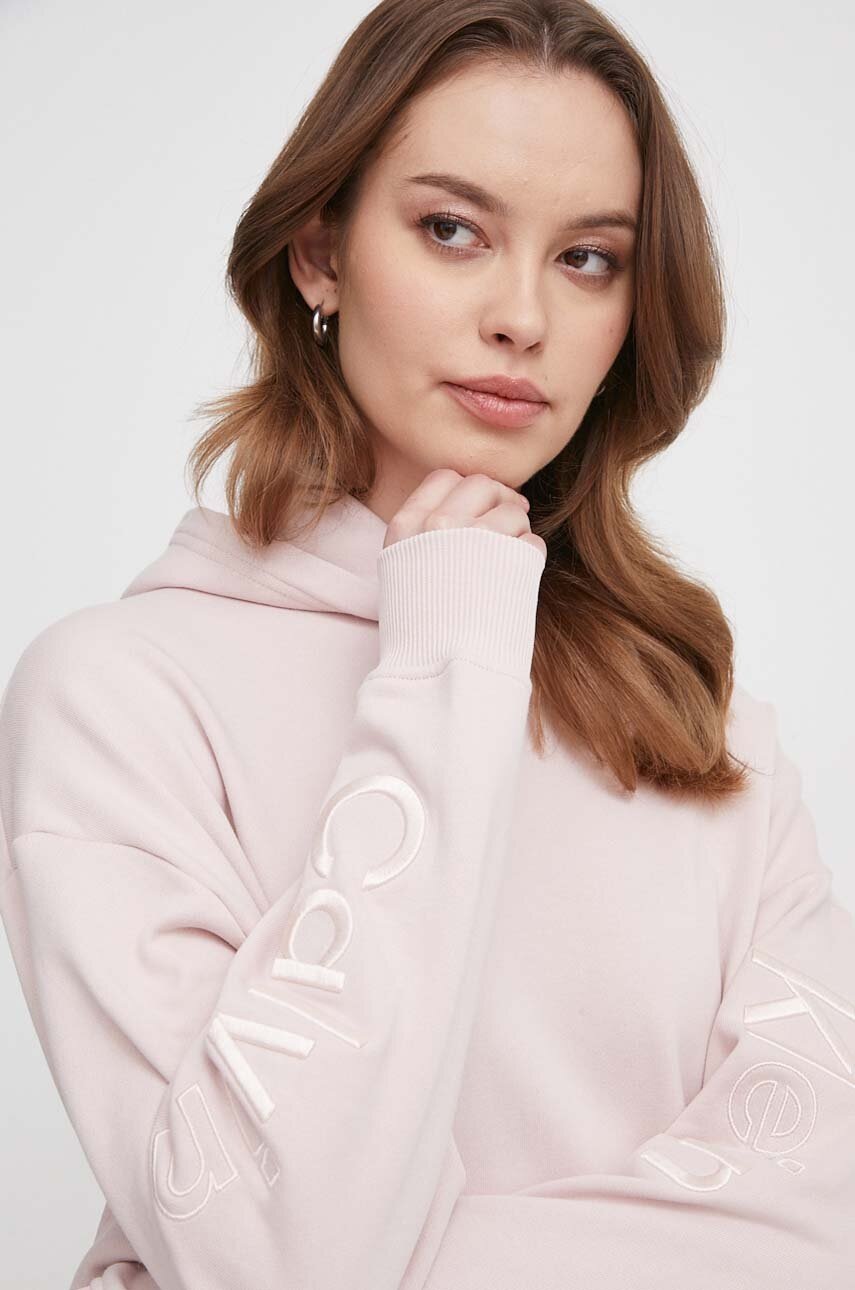 Бавовняна кофта Calvin Klein Jeans жіноча колір рожевий з капюшоном з аплікацією 