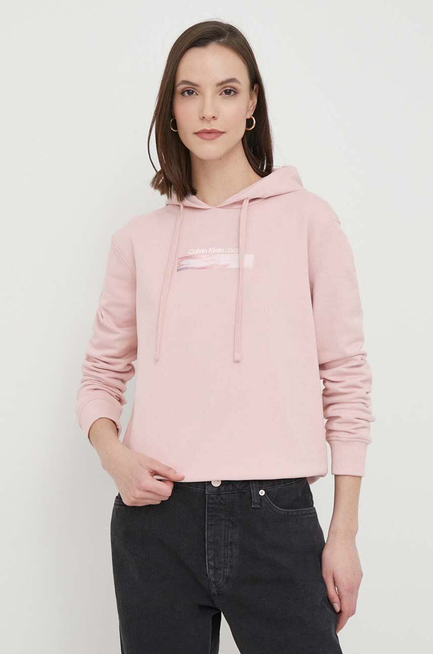 Levně Bavlněná mikina Calvin Klein Jeans dámská, růžová barva, s kapucí, s potiskem, J20J223267