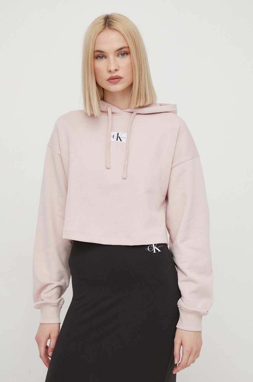 

Памучен суичър Calvin Klein Jeans в розово с качулка апликация J20J223354, Розов