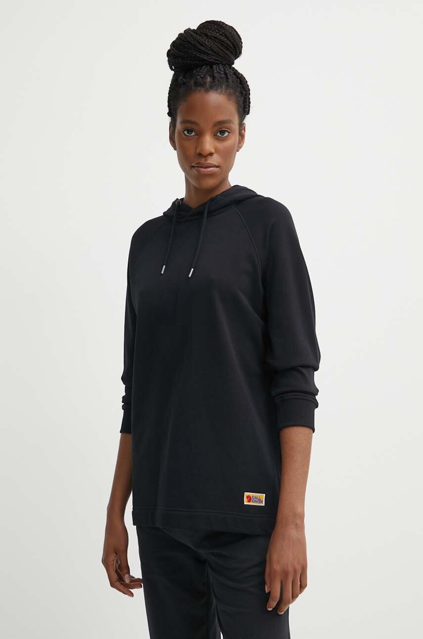 Fjallraven hanorac de bumbac Vardag Hoodie femei, culoarea negru, cu glugă, neted, F86987