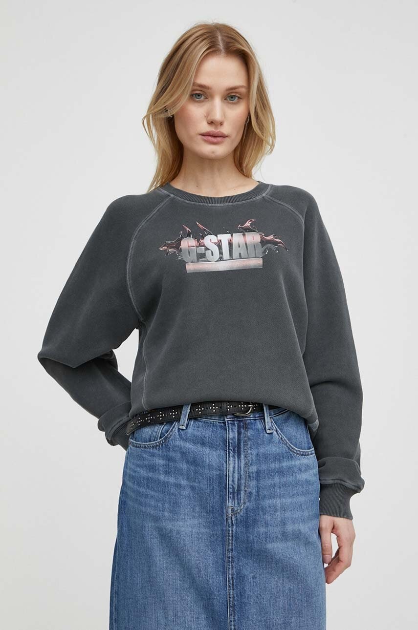 G-Star Raw hanorac de bumbac femei, culoarea gri, cu imprimeu G-Star Raw hanorac de bumbac femei, culoarea gri, cu imprimeu