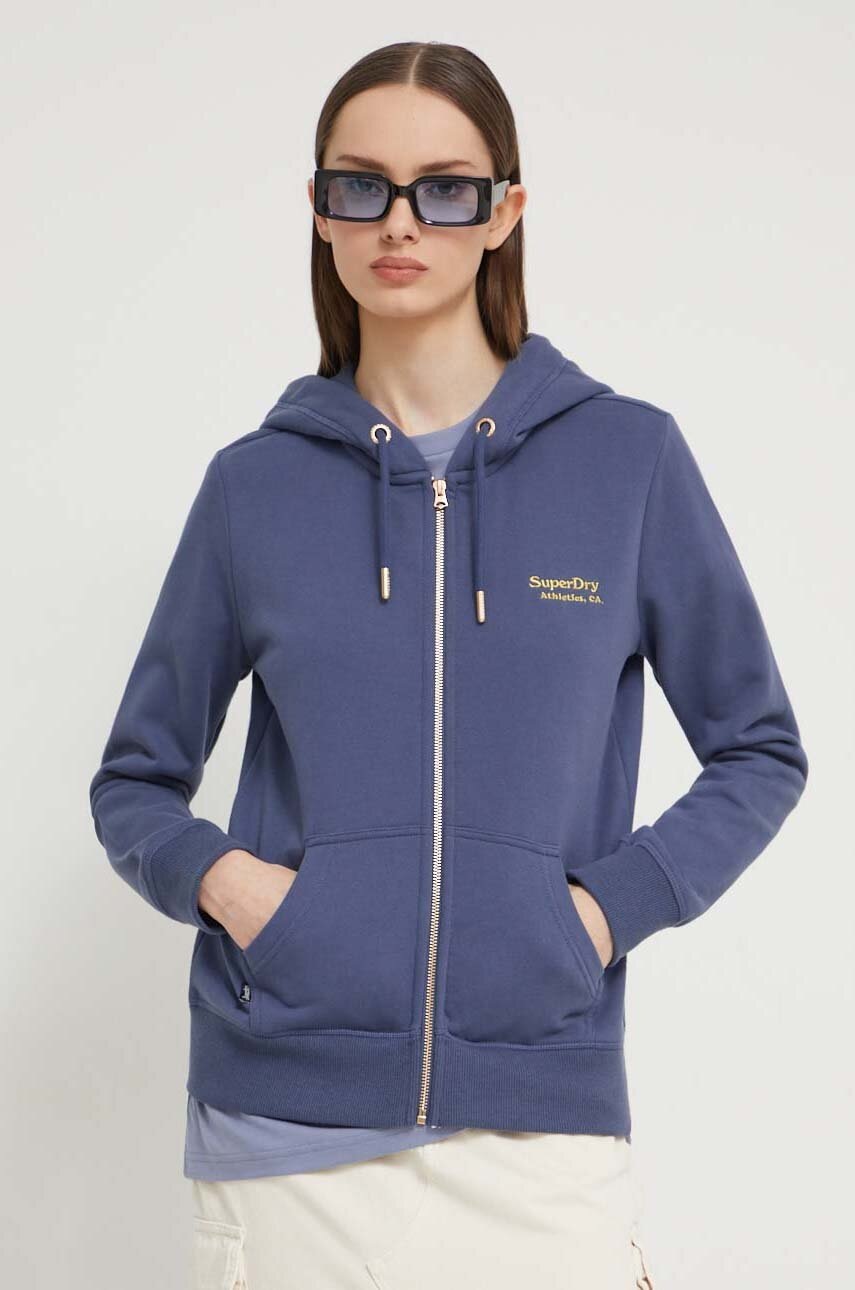 Superdry hanorac de bumbac femei, culoarea albastru marin, cu glugă, cu imprimeu