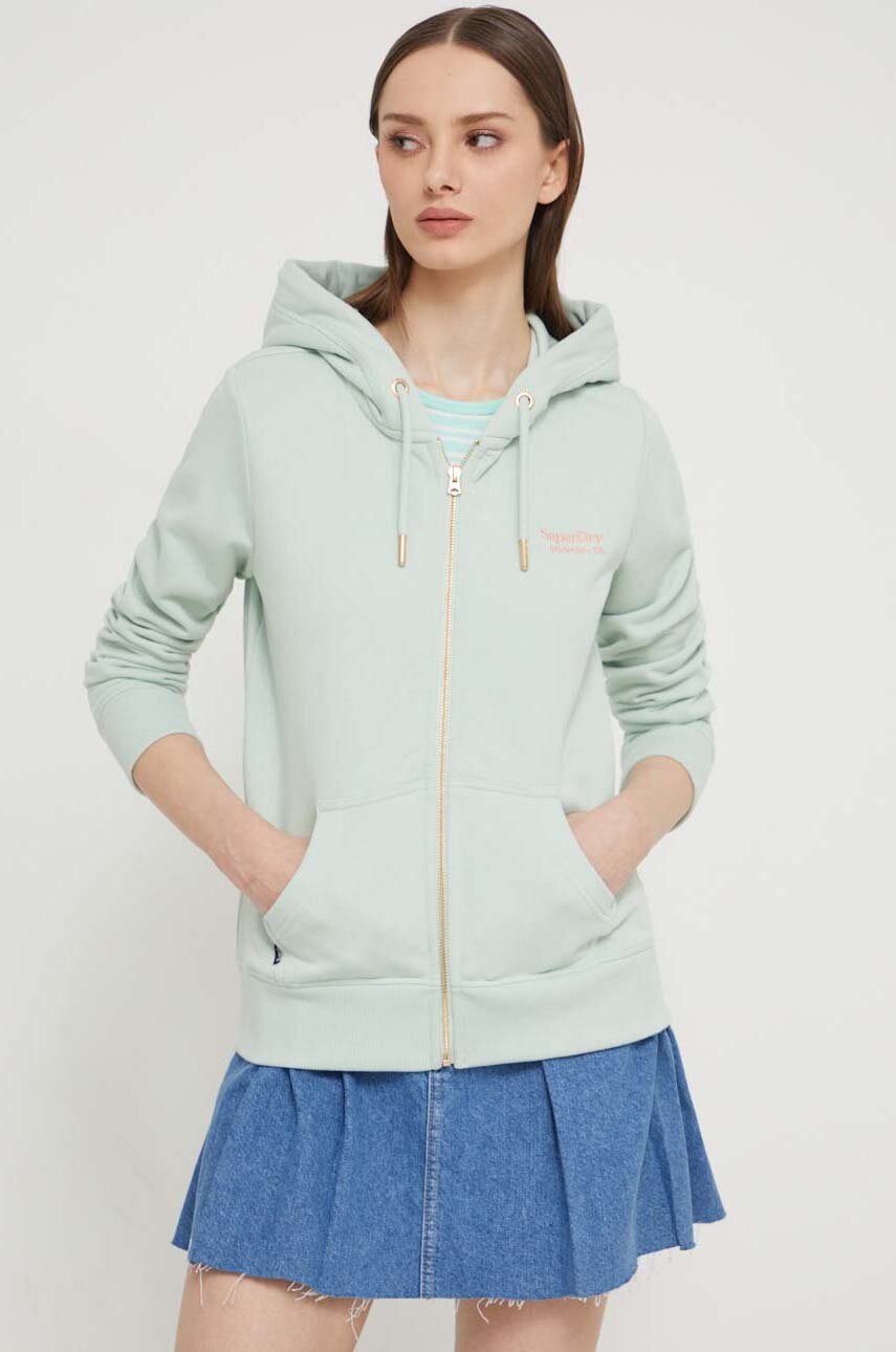 Superdry hanorac de bumbac femei, culoarea verde, cu glugă, cu imprimeu