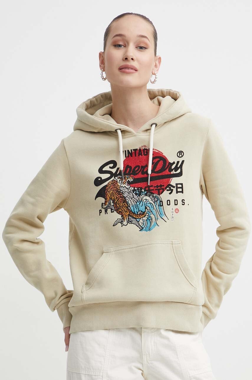 

Суичър Superdry в зелено с качулка с апликация, Зелен