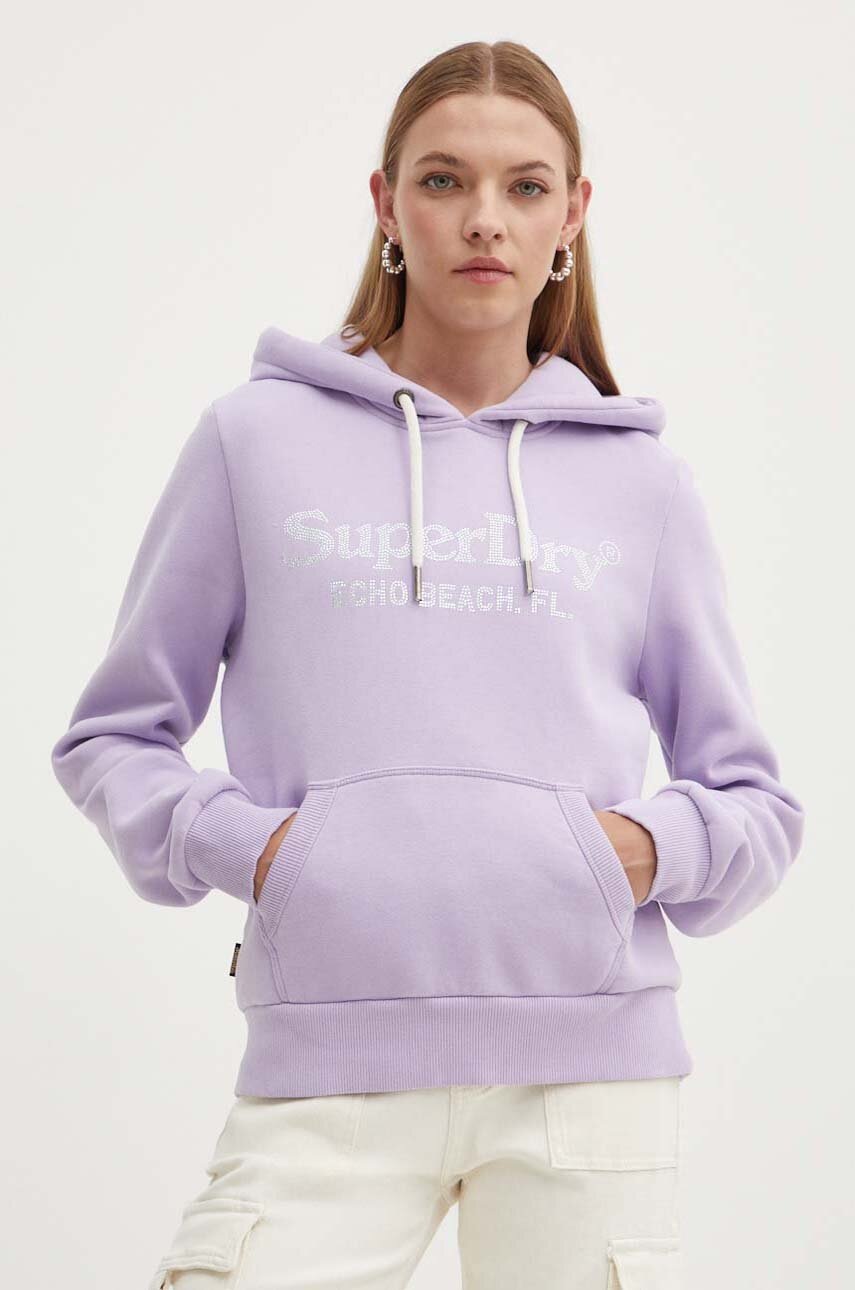 

Суичър Superdry в лилаво с качулка с апликация, Виолетов