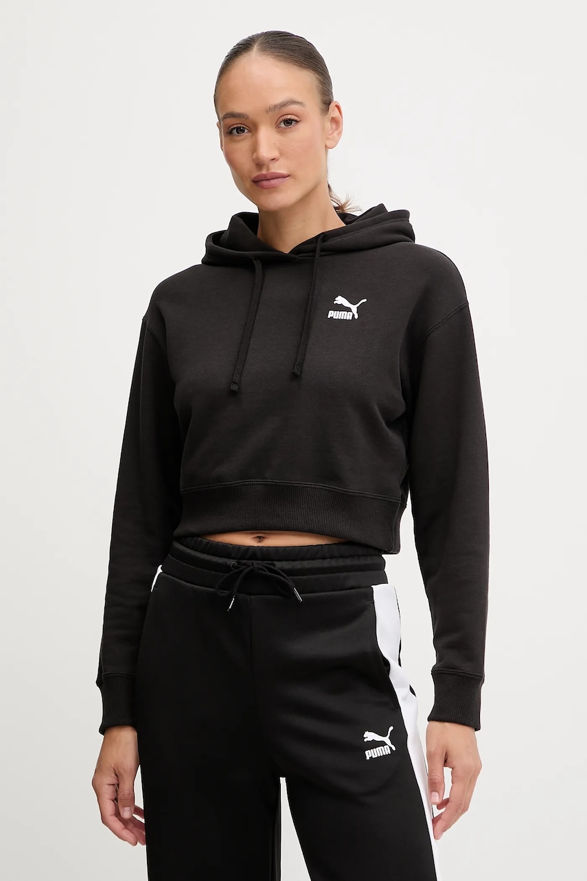 Levně Bavlněná mikina Puma BETTER CLASSIC dámská, černá barva, s kapucí, s aplikací, 624229