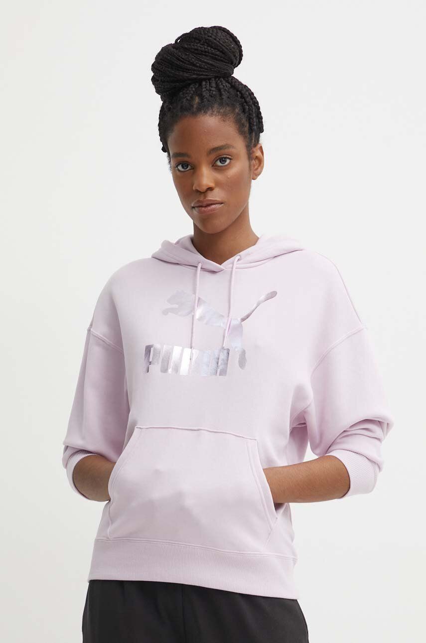 Puma bluză CLASSICS Shiny Logo Hoodie femei, culoarea violet, cu glugă, imprimeu, 625595