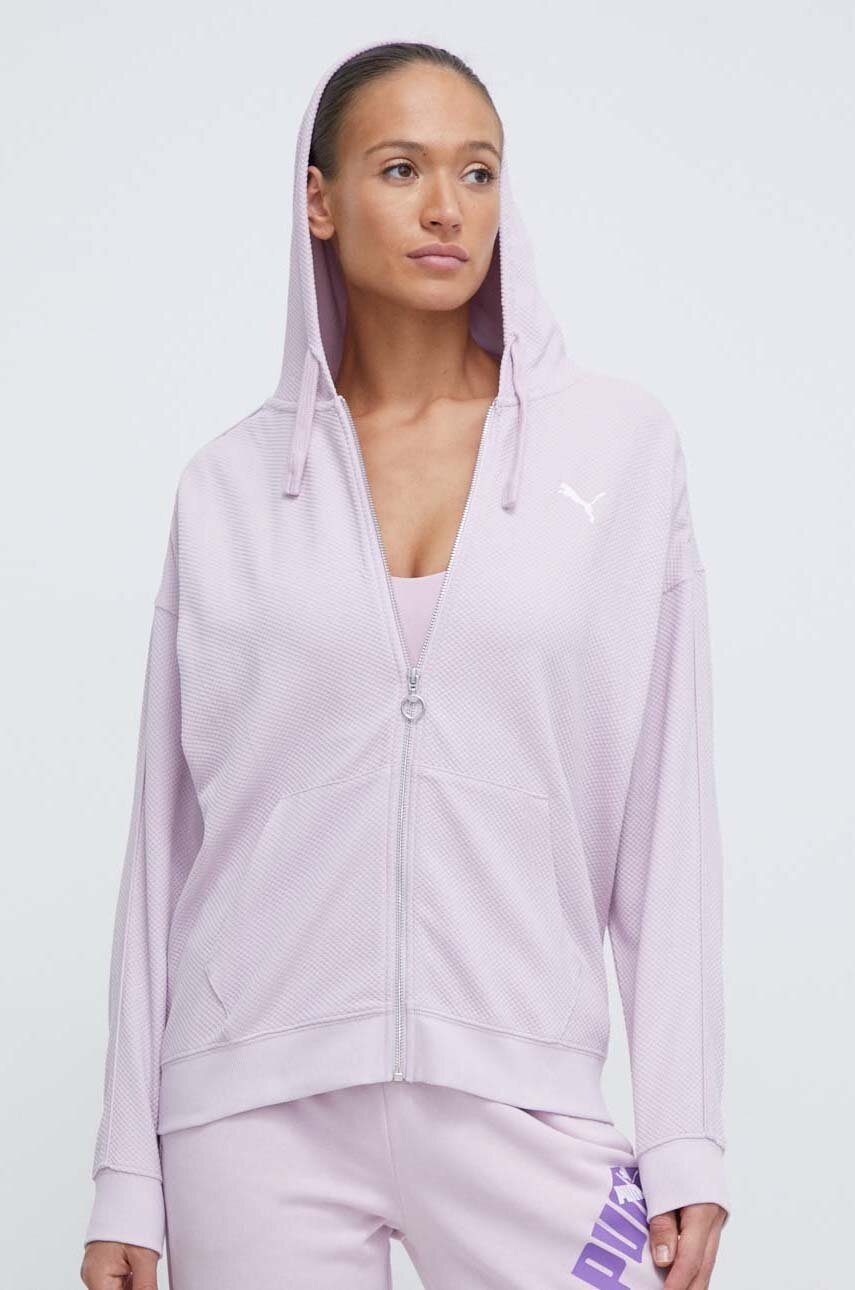 Puma bluză HER femei, culoarea violet, cu glugă, imprimeu 677882