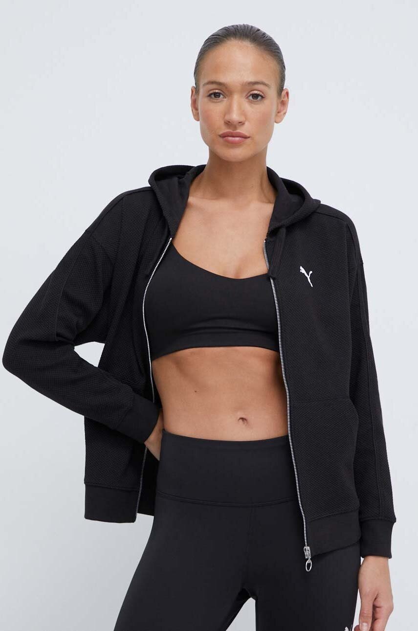 Puma bluză HER femei, culoarea negru, cu glugă, imprimeu 677882