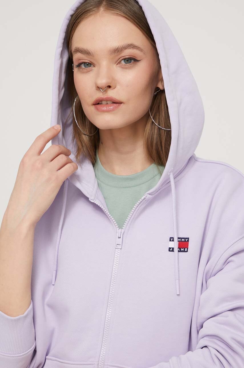 Tommy Jeans hanorac de bumbac femei, culoarea violet, cu glugă, imprimeu DW0DW17955