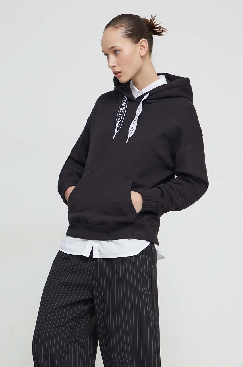 Levně Mikina Tommy Jeans dámská, černá barva, s kapucí, hladká, DW0DW17794