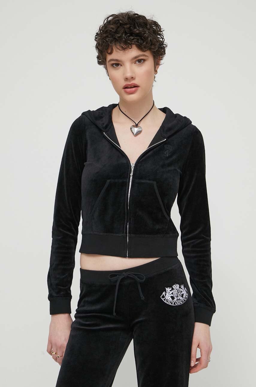 Juicy Couture bluza femei, culoarea negru, cu glugă, cu imprimeu Juicy Couture bluza femei, culoarea negru, cu glugă, cu imprimeu