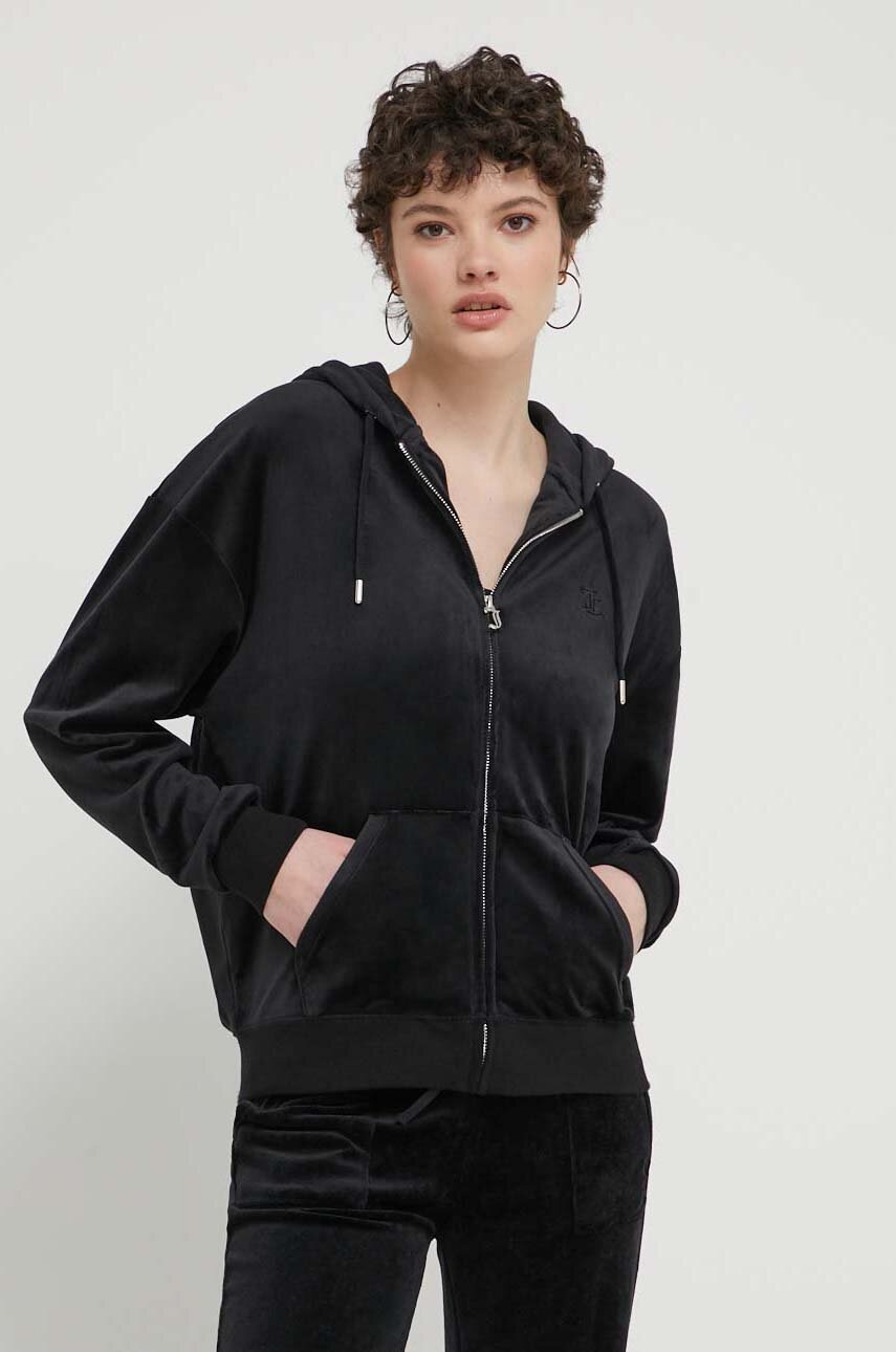 Juicy Couture bluză din velur culoarea negru, cu glugă, cu imprimeu Juicy Couture bluză din velur culoarea negru, cu glugă, cu imprimeu