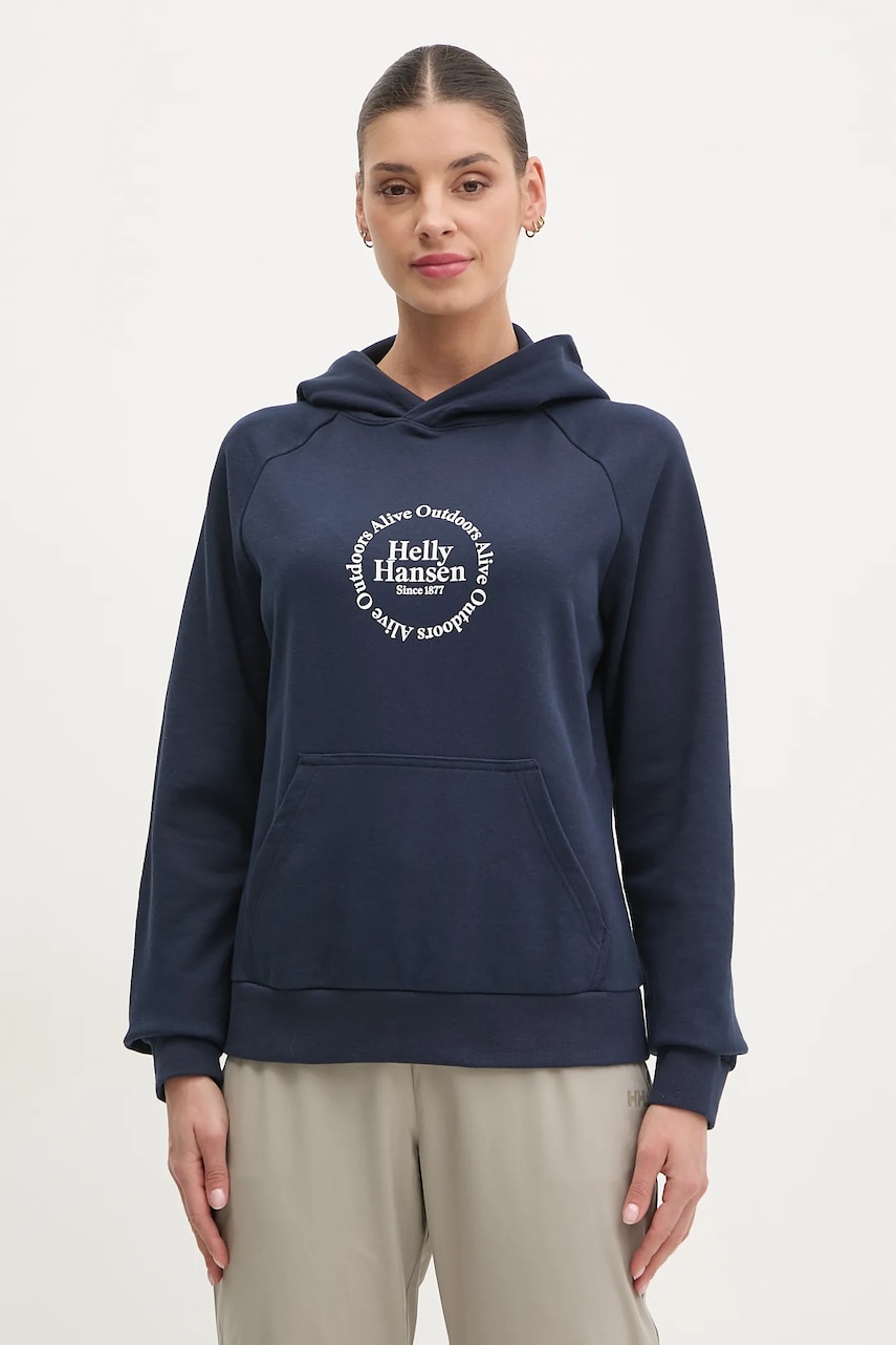 Helly Hansen bluza femei, culoarea albastru marin, cu glugă, cu imprimeu, 54239