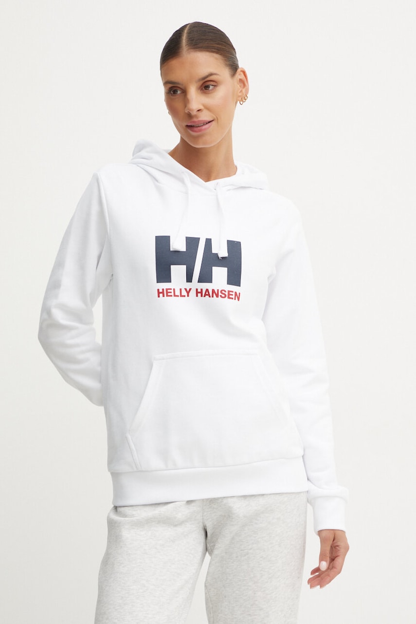 Helly Hansen hanorac de bumbac HH LOGO 2.0 femei, culoarea alb, cu glugă, cu imprimeu, 34460 Helly Hansen hanorac de bumbac HH LOGO 2.0 femei, culoarea alb, cu glugă, cu imprimeu, 34460