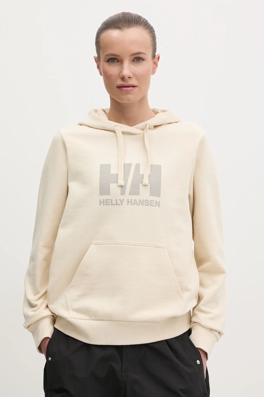 Helly Hansen hanorac de bumbac HH LOGO 2.0 femei, culoarea bej, cu glugă, cu imprimeu, 34460 Helly Hansen hanorac de bumbac HH LOGO 2.0 femei, culoarea bej, cu glugă, cu imprimeu, 34460