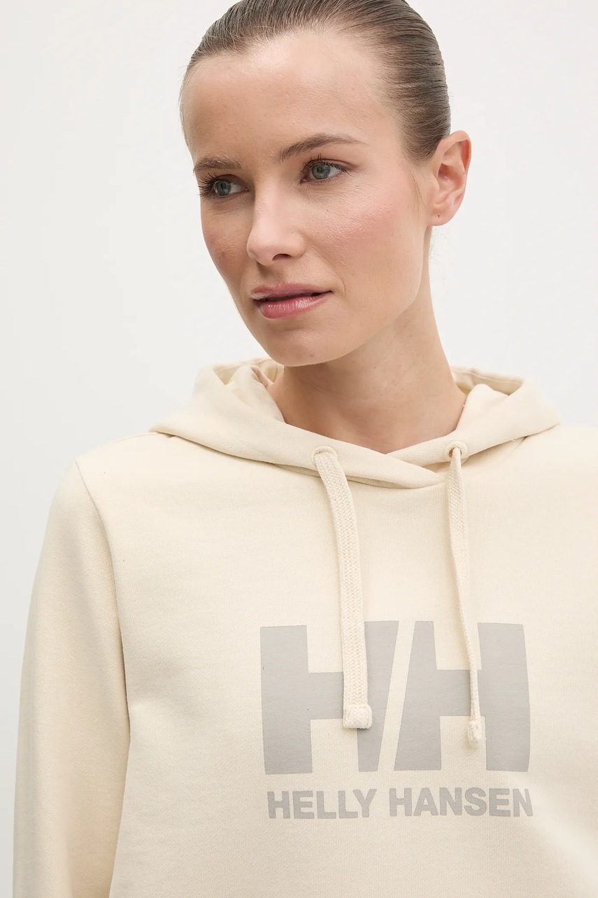 Βαμβακερή μπλούζα Helly Hansen HH LOGO 2.0 γυναικεία, χρώμα: μπεζ, με κουκούλα, 34460 φωτογραφία