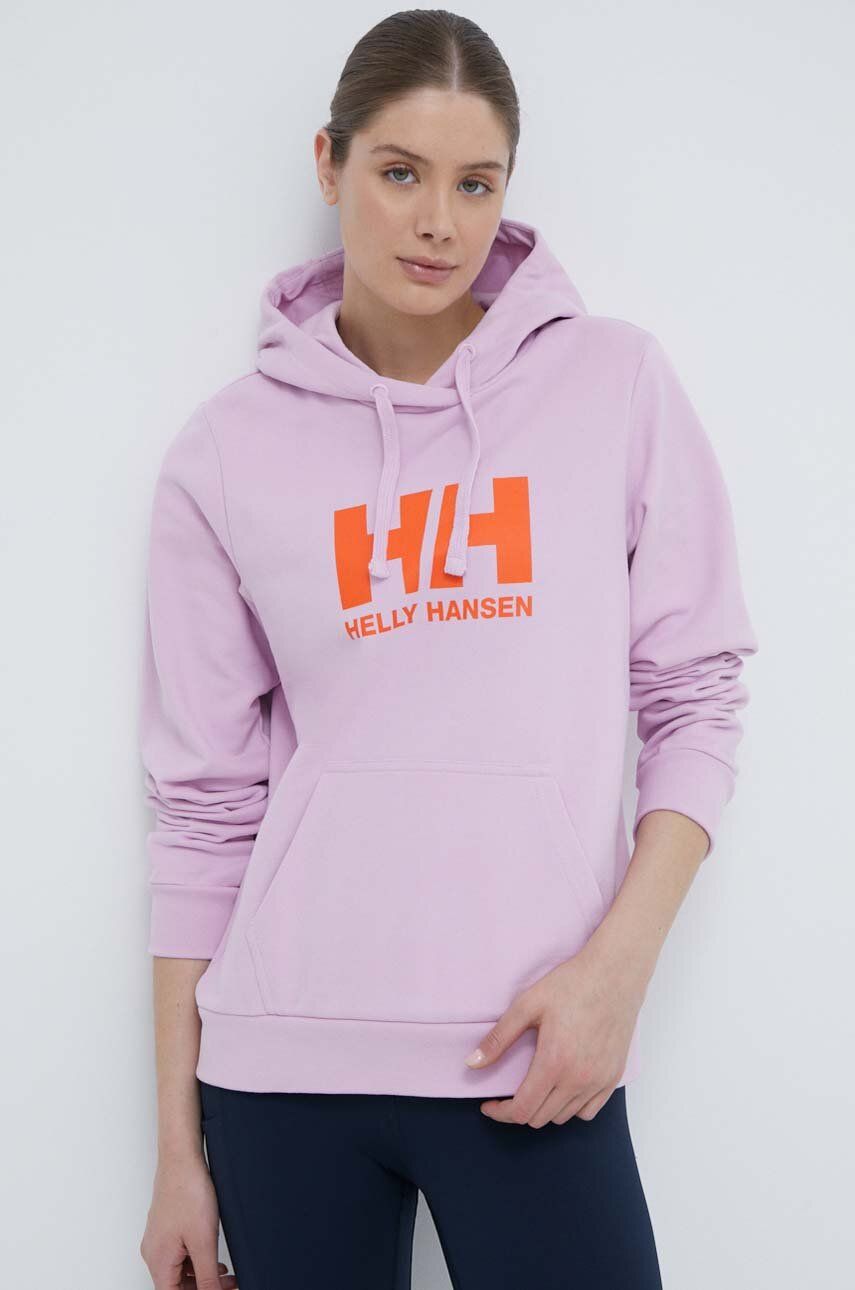 E-shop Bavlněná mikina Helly Hansen dámská, růžová barva, s kapucí, s potiskem, 34460