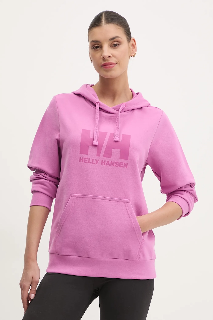 Helly Hansen hanorac de bumbac HH LOGO 2.0 femei, culoarea violet, cu glugă, cu imprimeu, 34460 Helly Hansen hanorac de bumbac HH LOGO 2.0 femei, culoarea violet, cu glugă, cu imprimeu, 34460