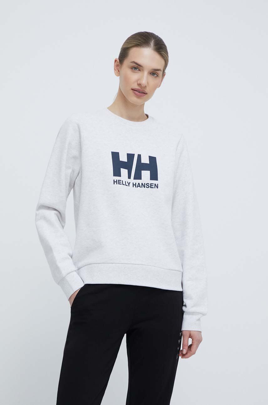 E-shop Bavlněná mikina Helly Hansen dámská, šedá barva, s potiskem, 34462