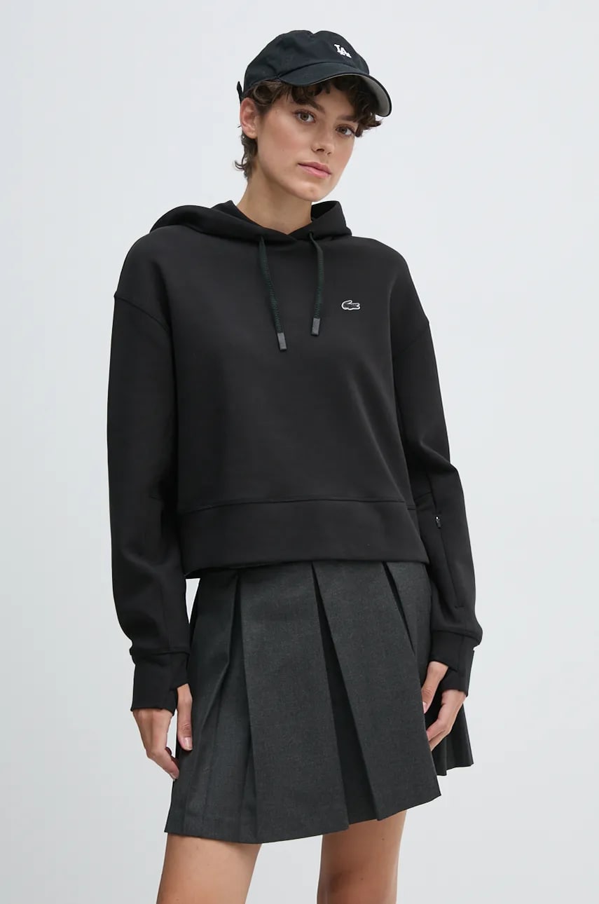 Lacoste bluza femei, culoarea negru, cu glugă, neted Lacoste bluza femei, culoarea negru, cu glugă, neted