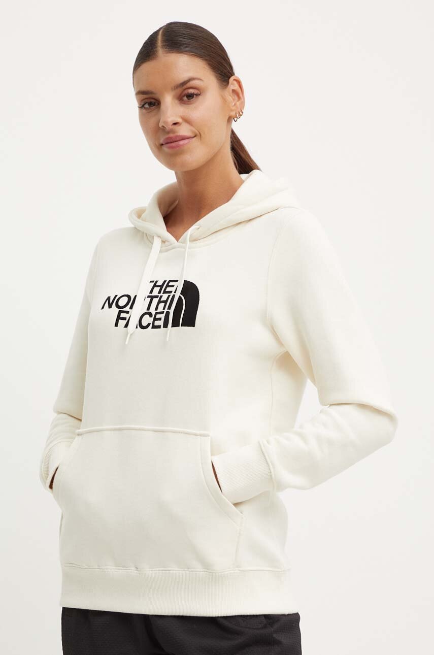 The North Face hanorac de bumbac W Drew Peak Pullover Hoodie femei, culoarea bej, cu glugă, cu imprimeu, NF0A55ECQLI1