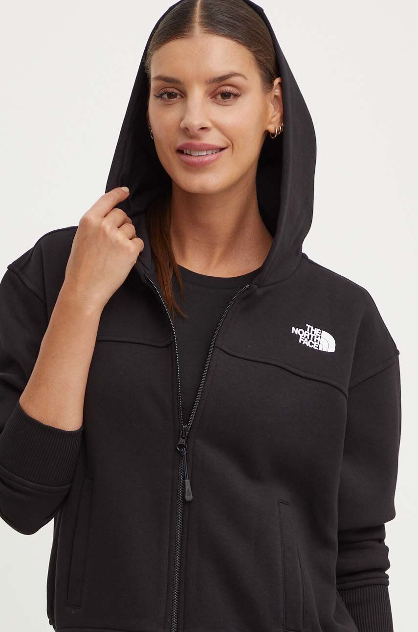 The North Face bluză W Essential Fz Hoodie femei, culoarea negru, cu glugă, cu imprimeu, NF0A853VJK31