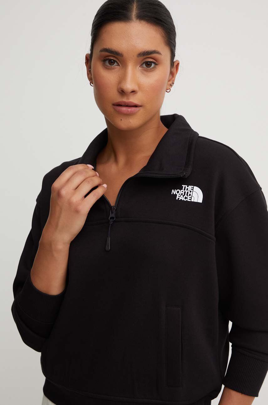 The North Face bluza W Essential Qz Crew femei, culoarea negru, cu imprimeu, NF0A854HJK31