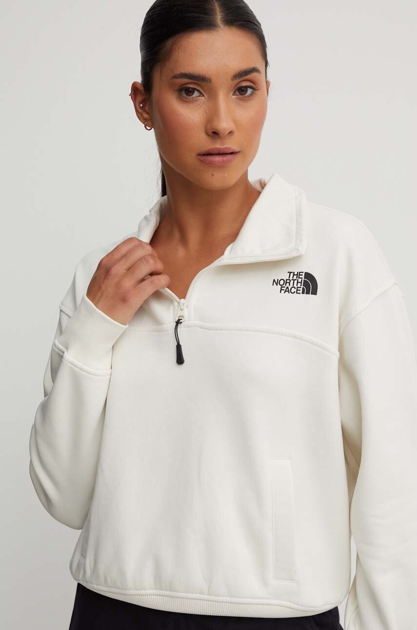 The North Face bluza W Essential Qz Crew femei, culoarea bej, cu imprimeu, NF0A854HQLI1