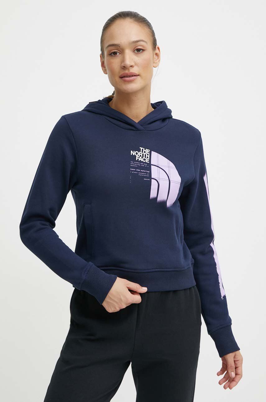 The North Face hanorac de bumbac femei, culoarea albastru marin, cu glugă, cu imprimeu, NF0A87EX8K21