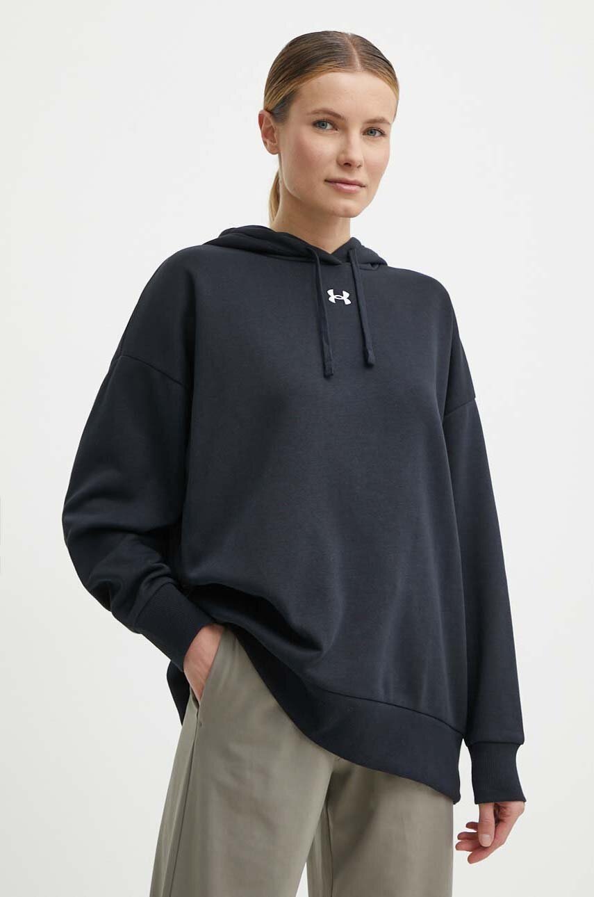 Under Armour bluza femei, culoarea negru, cu glugă, neted