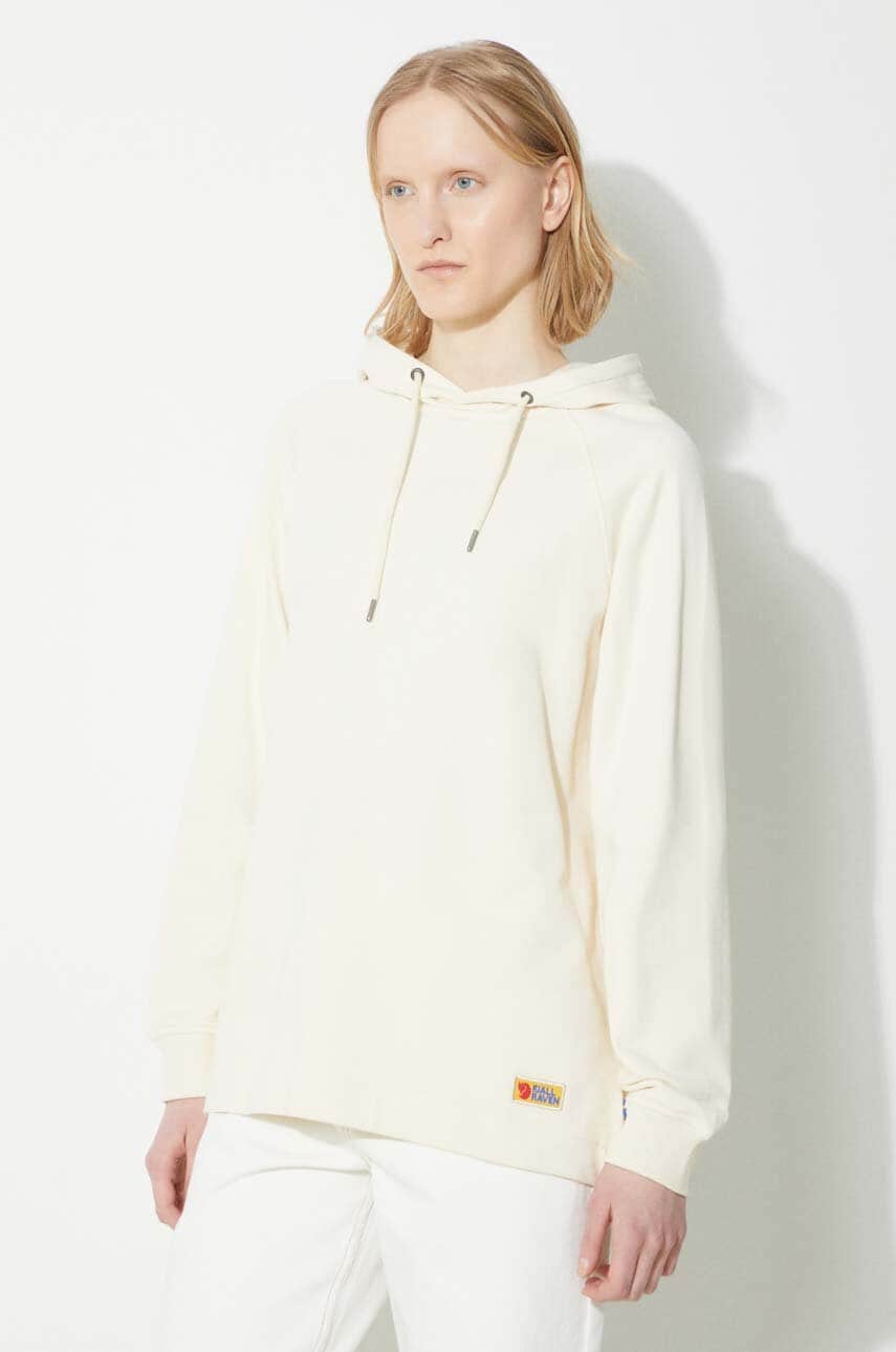 Fjallraven hanorac de bumbac Vardag Hoodie W femei, culoarea bej, cu glugă, neted, F86987.113 Fjallraven hanorac de bumbac Vardag Hoodie W femei, culoarea bej, cu glugă, neted, F86987.113
