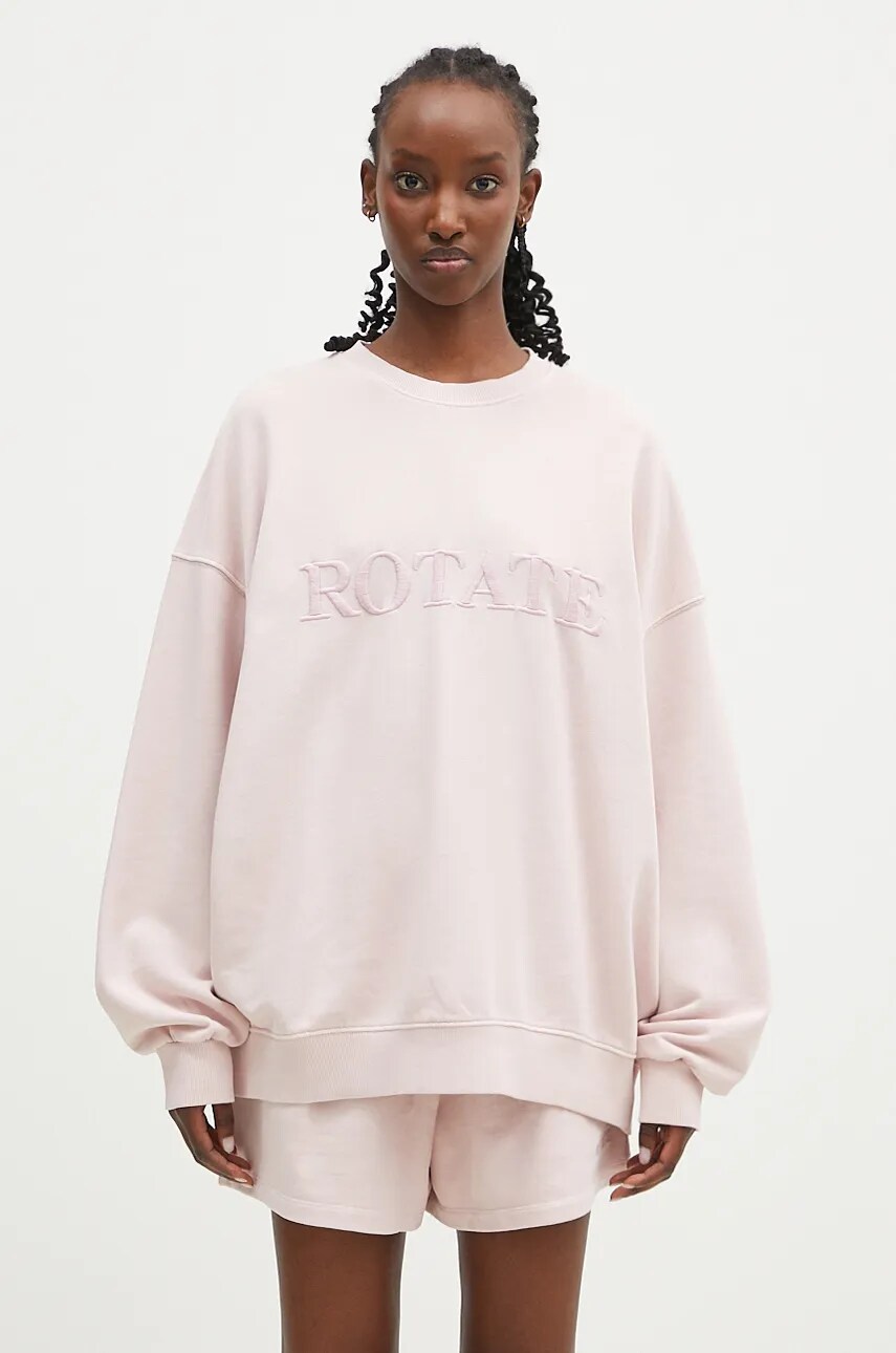 Rotate hanorac de bumbac Logo Crewneck femei, culoarea roz, cu imprimeu, 1125031011