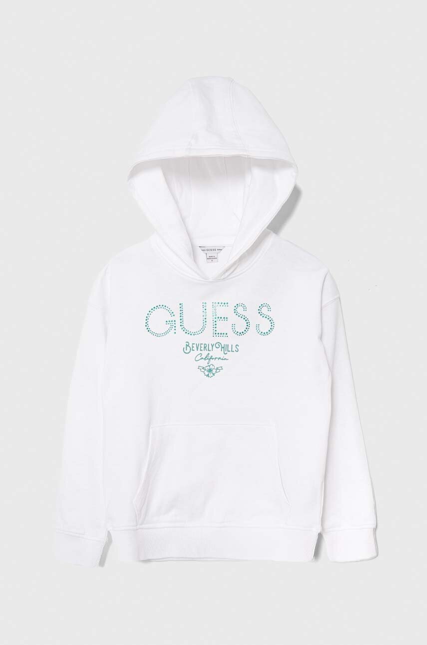 

Дитяча бавовняна кофта Guess колір білий з капюшоном з аплікацією