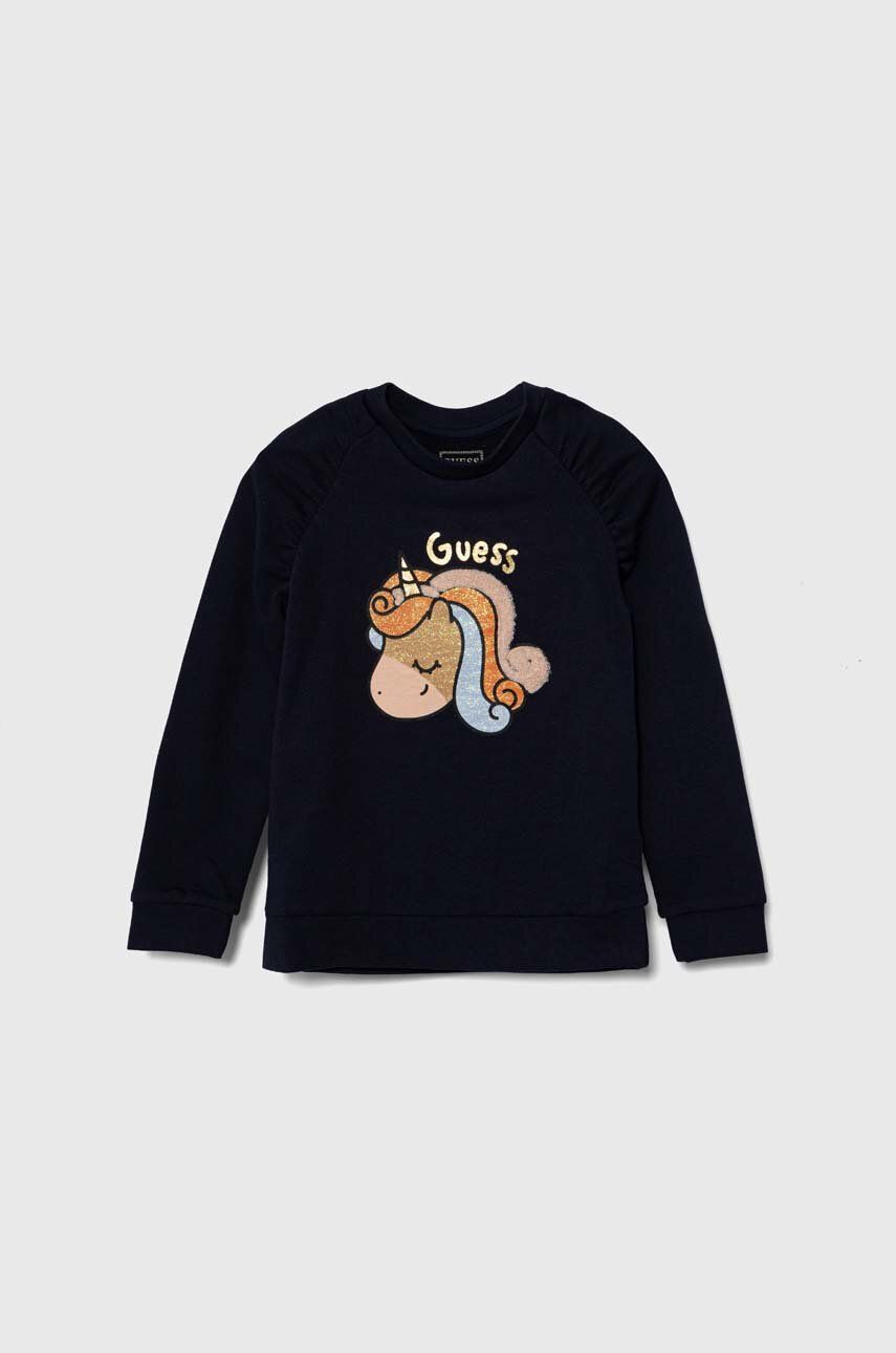 Levně Dětská bavlněná mikina Guess tmavomodrá barva, s potiskem